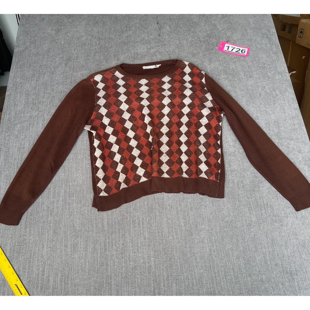 Vintage Womens Sweater Brown Argyle Diamond Knit Long Sleeve Crew Neck Pullover